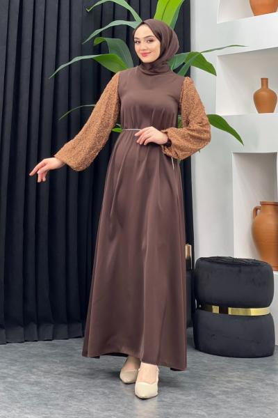 Aden Saten Elbise Kahverengi