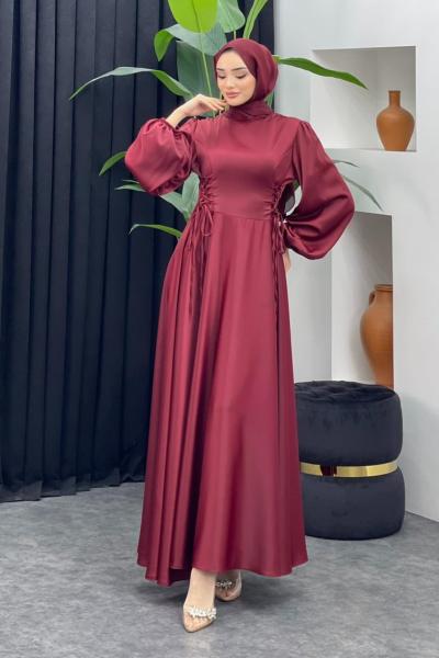 Afra Saten Elbise Bordo