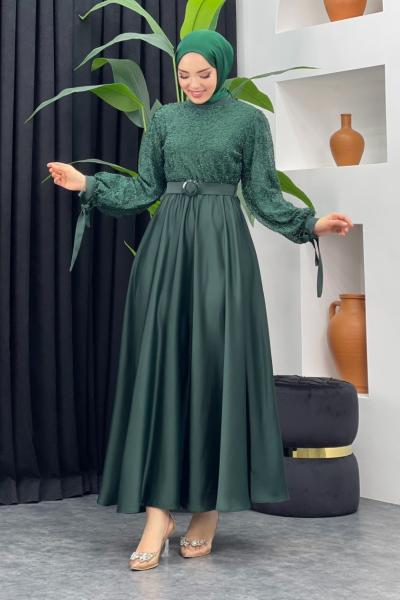 Akay Saten Elbise Zümrüt
