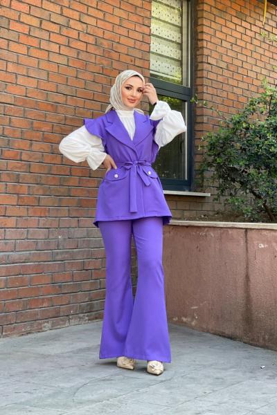 Angel Yelekli Pantolonlu Takım Lila