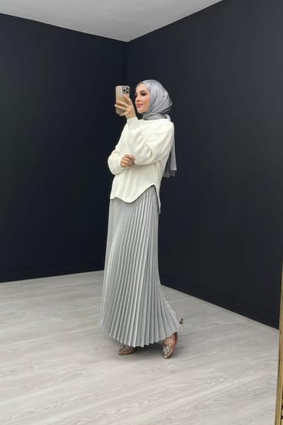 Asya Pileli Etek Gri