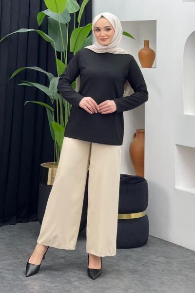 Bağlamalı Bol Paça Pantolon Taş Rengi