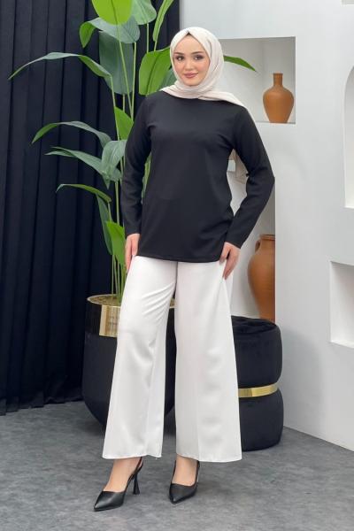 Bağlamalı Bol Paça Pantolon Beyaz