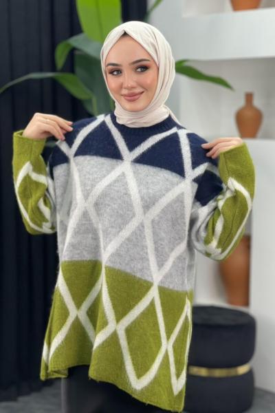 Baklava Desenli Kazak Fıstık Yeşili