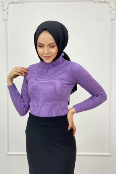 Balıkçı Yaka Triko Kazak Lila