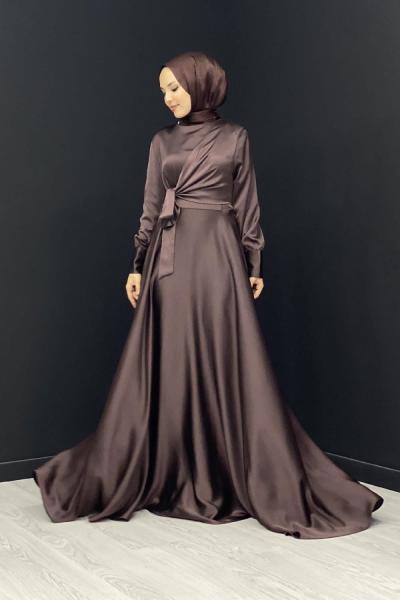 Belden Bağlamalı Saten Abiye Acı Kahve