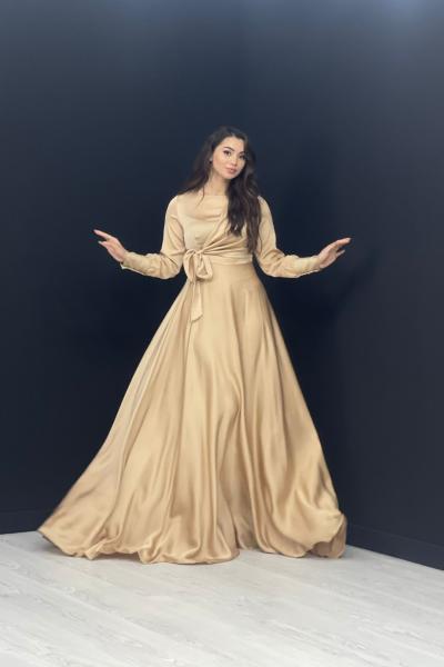 Belden Bağlamalı Saten Abiye Taş Rengi