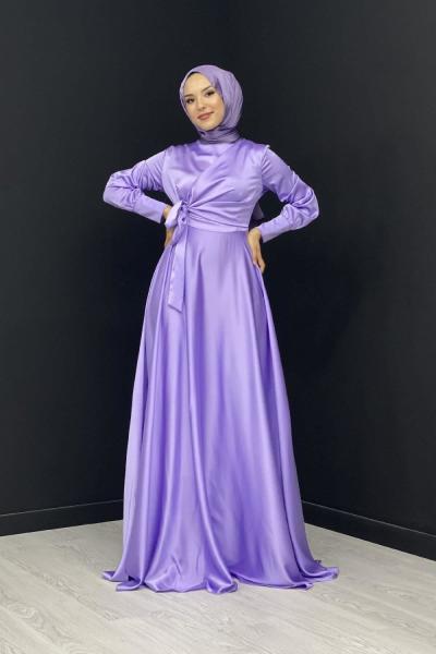 Belden Bağlamalı Saten Abiye Lila