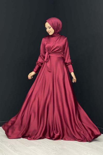 Belden Bağlamalı Saten Abiye Bordo