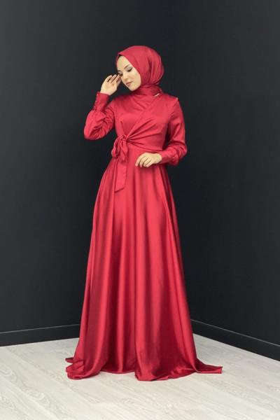 Belden Bağlamalı Saten Abiye Kırmızı