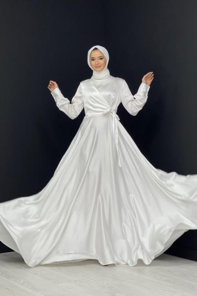 Belden Bağlamalı Saten Abiye Beyaz