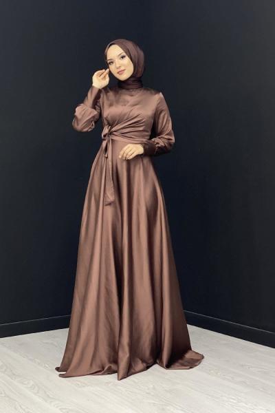 Belden Bağlamalı Saten Abiye Kahverengi
