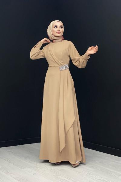 Belden Taş Detaylı Abiye Sütlü Kahve