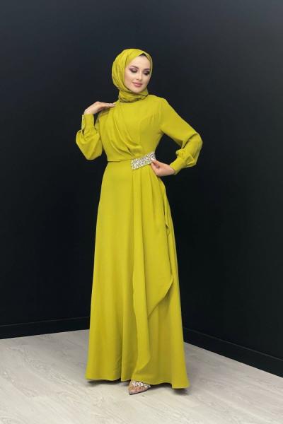 Belden Taş Detaylı Abiye Yağ Yeşili