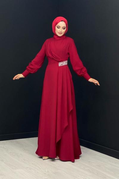 Belden Taş Detaylı Abiye Kırmızı