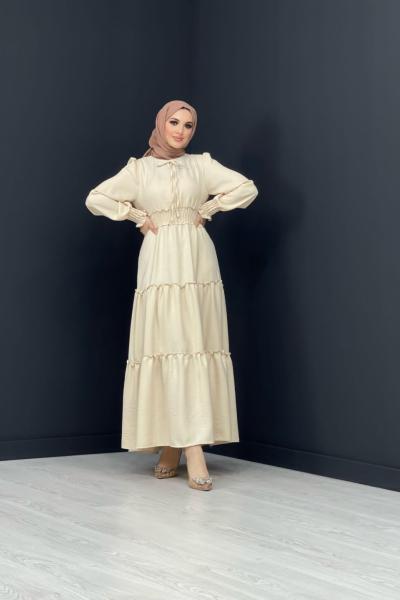 Beli Büzgülü Elbise Taş Rengi