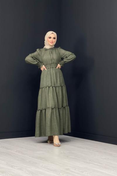 Beli Büzgülü Elbise Haki Yeşili