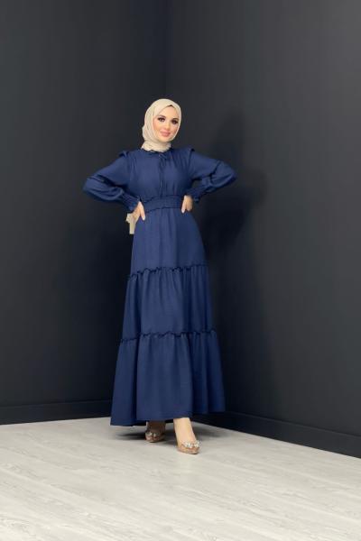 Beli Büzgülü Elbise Lacivert