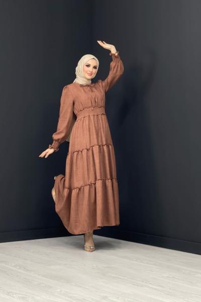 Beli Büzgülü Elbise Kahverengi