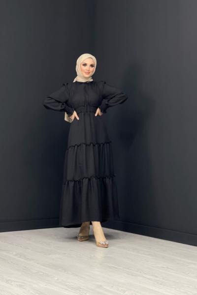 Beli Büzgülü Elbise Siyah