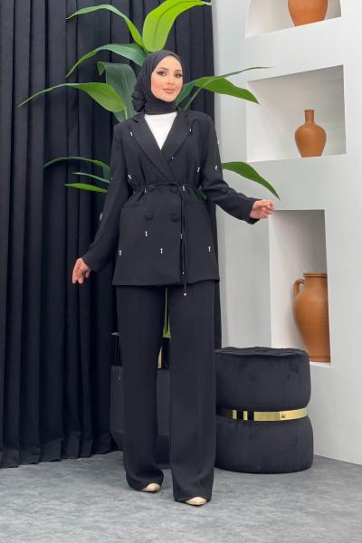 Boncuklu Ceketli Takım Siyah