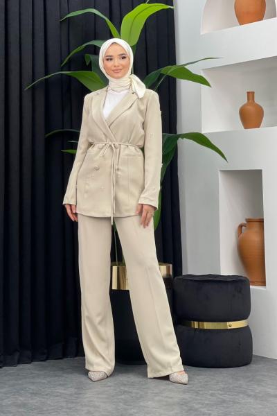 Boncuklu Ceketli Takım Taş Rengi