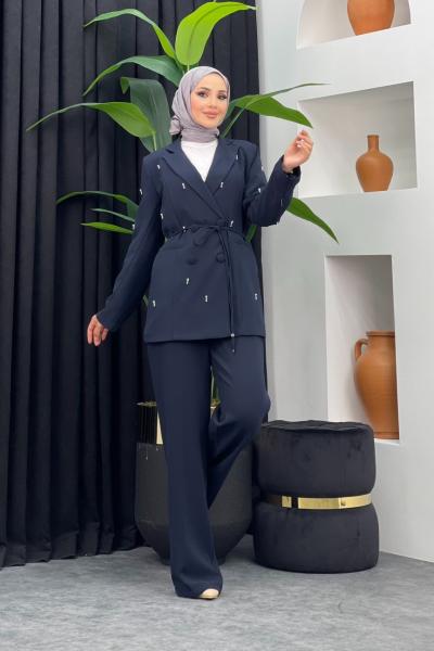 Boncuklu Ceketli Takım Lacivert