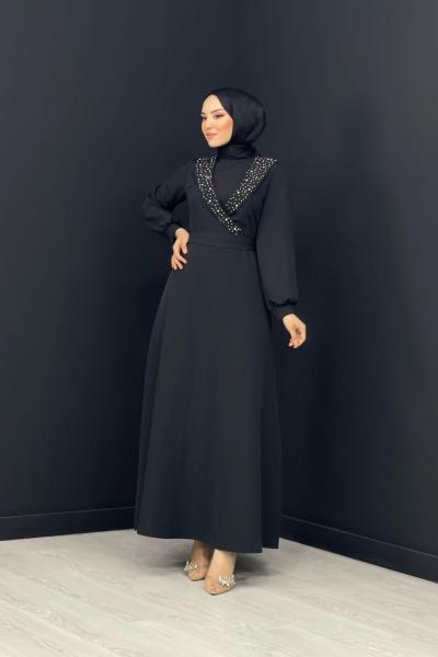 Boncuklu Elbise Siyah
