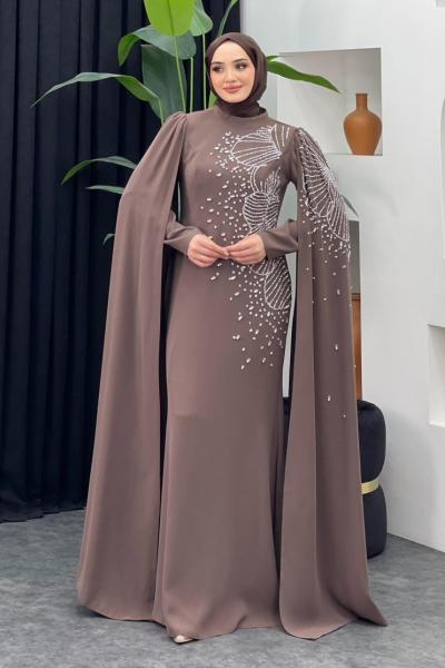 Böre Pelerinli Abiye Kahverengi