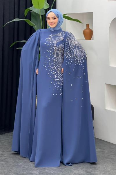 Böre Pelerinli Abiye İndigo Mavisi