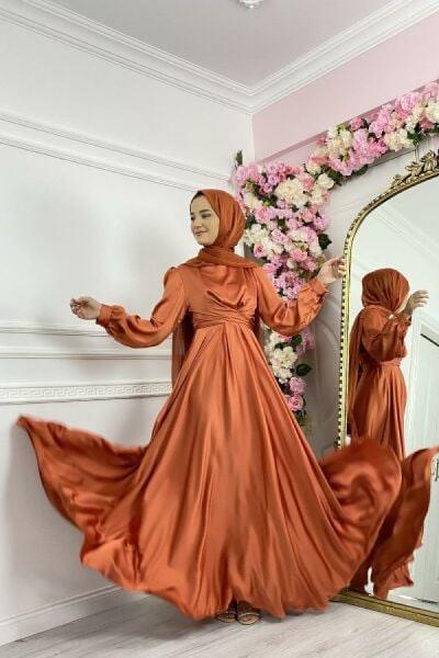 Çapraz Bağlamalı Saten Abiye Turuncu