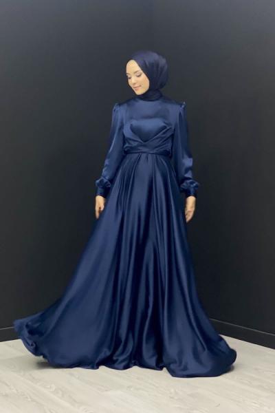 Çapraz Bağlamalı Saten Abiye Lacivert