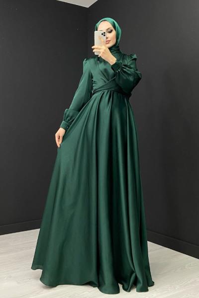 Çapraz Bağlamalı Saten Abiye Zümrüt