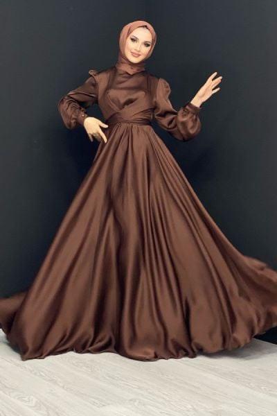 Çapraz Bağlamalı Saten Abiye Kahverengi