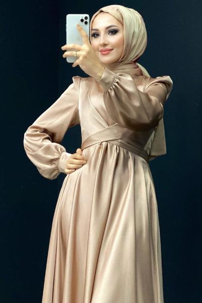 Çapraz Bağlamalı Saten Abiye Bej