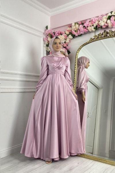 Çapraz Bağlamalı Saten Abiye Pudra