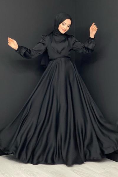 Çapraz Bağlamalı Saten Abiye Siyah