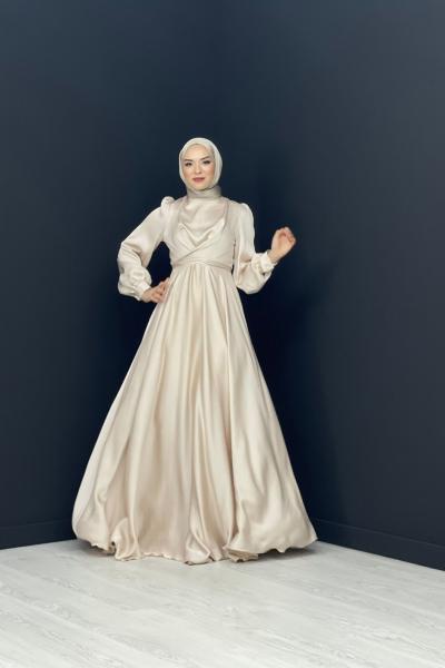 Çapraz Bağlamalı Saten Abiye Taş Rengi