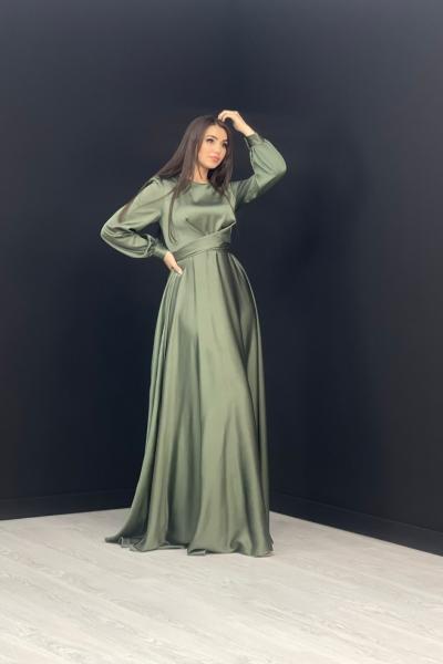 Çapraz Bağlamalı Saten Abiye Haki Yeşili