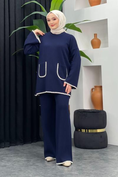 Cep Detaylı Triko Takım Lacivert