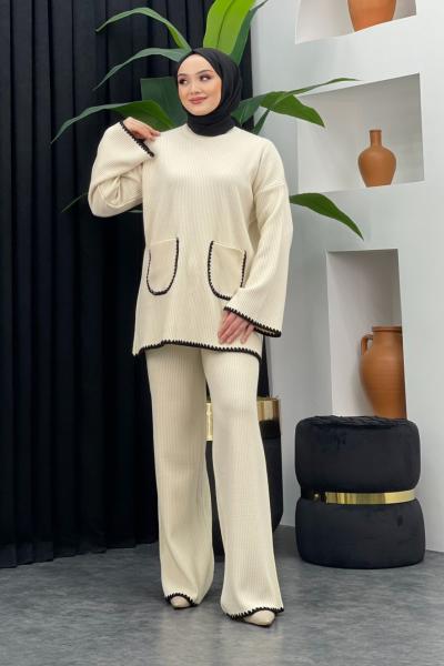 Cep Detaylı Triko Takım Taş Rengi