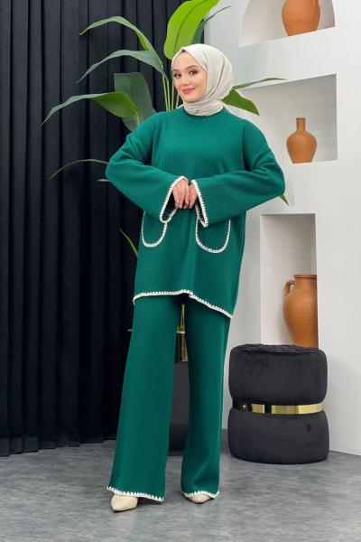 Cep Detaylı Triko Takım Zümrüt