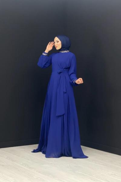 Çiğdem Taş Detaylı Elbise Saks Mavisi