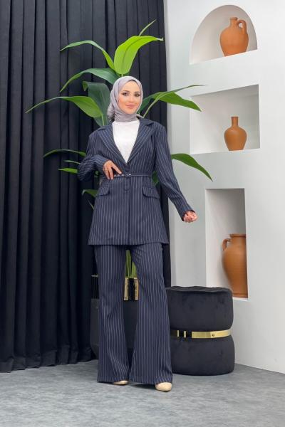 Çizgili Ceketli Takım Lacivert