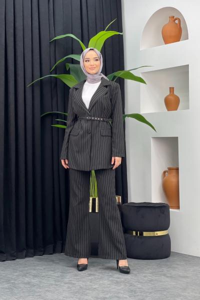 Çizgili Ceketli Takım Siyah