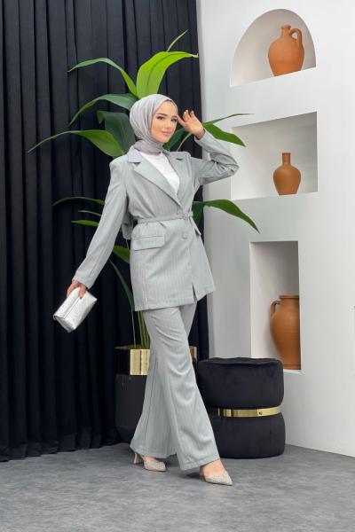 Çizgili Ceketli Takım Gri