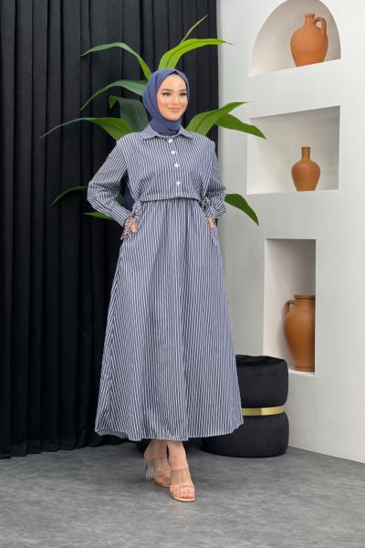 Çizgili Gömlek Elbise Lacivert