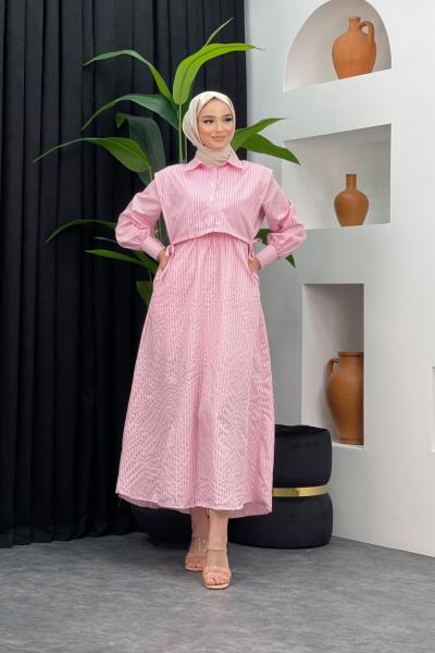 Çizgili Gömlek Elbise Pembe