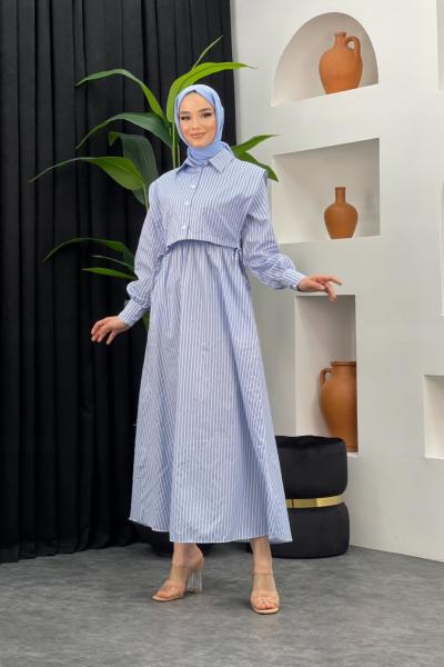 Çizgili Gömlek Elbise Bebe Mavisi