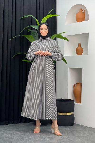 Çizgili Gömlek Elbise Siyah